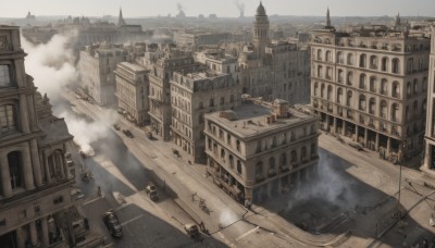 outdoors,sky,cloud,water,no humans,window,from above,ground vehicle,building,scenery,motor vehicle,smoke,6+boys,stairs,city,car,road,cityscape,watercraft,architecture,house,bridge,street,tower,boat,fog,chimney,fantasy,people