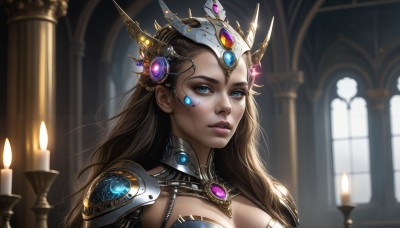 HQ,1girl,solo,long hair,breasts,looking at viewer,blue eyes,brown hair,cleavage,jewelry,medium breasts,upper body,parted lips,artist name,indoors,armor,blurry,lips,eyelashes,makeup,blurry background,headgear,watermark,facial mark,lipstick,shoulder armor,gem,portrait,pauldrons,realistic,nose,candle,forehead jewel,cyborg,horns,window,backlighting,pillar,column