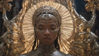 1girl,solo,long hair,looking at viewer,black hair,jewelry,closed mouth,braid,dark skin,armor,blurry,twin braids,dark-skinned female,lips,grey eyes,blurry background,expressionless,half-closed eyes,helmet,crown,portrait,realistic,headpiece,straight-on,gold,very dark skin,dreadlocks,gold armor,black eyes,lace,headdress,statue