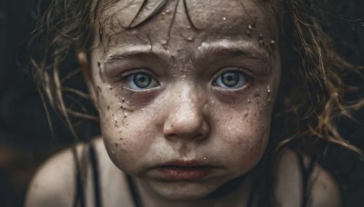 1girl,solo,looking at viewer,short hair,blue eyes,blonde hair,brown hair,brown eyes,closed mouth,blurry,lips,grey eyes,blurry background,portrait,close-up,freckles,realistic,eyelashes,depth of field,dirty,dirty face