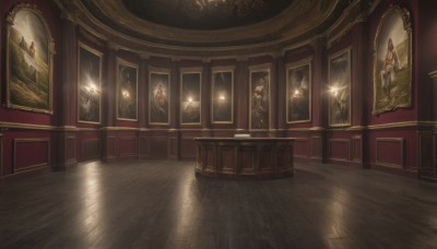 indoors,no humans,chair,table,scenery,reflection,wooden floor,stairs,light,picture frame,painting (object),carpet,candlestand,reflective floor,chandelier,portrait (object),weapon,plant,door,candle,wall,vase,floor,still life,picture (object),wooden chair