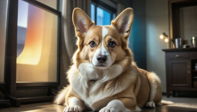 HQ,solo,looking at viewer,blue eyes,indoors,blurry,no humans,window,animal,table,dog,realistic,door,lamp,television,animal focus,brown eyes,mirror