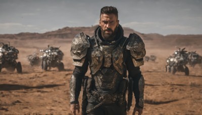 looking at viewer,short hair,brown hair,black hair,1boy,closed mouth,standing,weapon,male focus,cowboy shot,outdoors,multiple boys,solo focus,sword,armor,blurry,gun,blurry background,facial hair,scar,shoulder armor,beard,scar on face,science fiction,6+boys,pauldrons,breastplate,realistic,scar across eye,manly,horse,soldier,chainmail,solo,closed eyes,sky,day,ground vehicle,motor vehicle,mustache,sand,riding,motorcycle,desert,dust