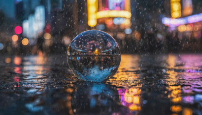 outdoors, blurry, no humans, night, depth of field, building, scenery, reflection, rain, city, road, cityscape, bokeh, city lights