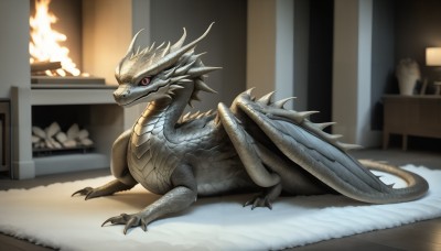 HQ,solo,looking at viewer,red eyes,closed mouth,tail,full body,wings,horns,indoors,blurry,from side,pokemon (creature),no humans,bed,table,fire,claws,colored sclera,wooden floor,realistic,dragon,lamp,scales,bedroom,animal focus,carpet,rug,fireplace,lying,slit pupils