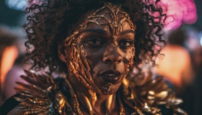 1girl,solo,looking at viewer,short hair,black hair,brown eyes,jewelry,parted lips,solo focus,dark skin,necklace,blurry,black eyes,dark-skinned female,lips,depth of field,blurry background,portrait,curly hair,very dark skin,dreadlocks,upper body,earrings,feathers,realistic