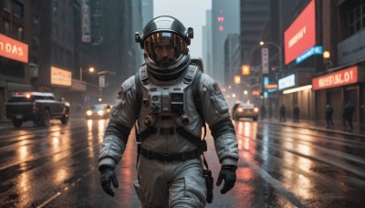 solo,brown hair,gloves,1boy,standing,male focus,outdoors,solo focus,black gloves,blurry,uniform,gun,night,blurry background,facial hair,helmet,ground vehicle,building,motor vehicle,beard,1other,reflection,walking,science fiction,rain,city,sign,realistic,car,road,police,street,truck,looking at viewer,multiple boys,american flag,traffic light,people