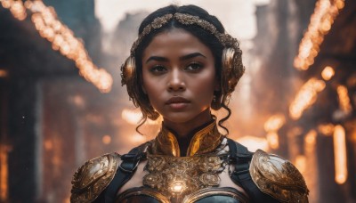 1girl,solo,looking at viewer,short hair,black hair,brown eyes,jewelry,closed mouth,upper body,earrings,dark skin,armor,blurry,black eyes,dark-skinned female,lips,depth of field,blurry background,shoulder armor,portrait,freckles,pauldrons,gold trim,breastplate,realistic,nose,very dark skin,dreadlocks,headphones