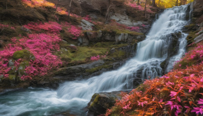 flower, outdoors, water, tree, no humans, grass, nature, scenery, forest, rock, river, waterfall, landscape