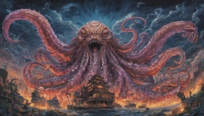 open mouth,outdoors,sky,teeth,cloud,water,no humans,night,cloudy sky,fire,building,star (sky),night sky,scenery,tentacles,smoke,monster,city,fantasy,watercraft,giant,ruins,extra eyes,ship,octopus,destruction,eldritch abomination,ocean,flag,oversized animal