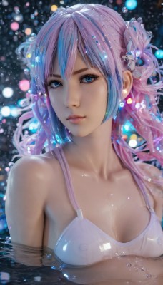 1girl,solo,long hair,breasts,looking at viewer,bangs,blue eyes,hair ornament,bare shoulders,jewelry,medium breasts,closed mouth,blue hair,collarbone,swimsuit,upper body,pink hair,bikini,multicolored hair,earrings,small breasts,artist name,water,blurry,lips,wet,see-through,white bikini,web address,partially submerged,realistic,nose,cleavage,purple hair,covered nipples,eyelashes,gradient hair,watermark,water drop,pink lips,ripples,bokeh