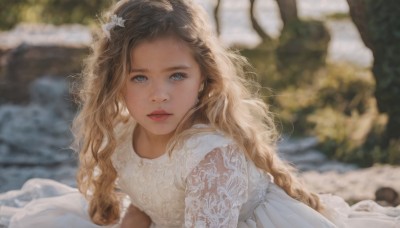 1girl,solo,long hair,looking at viewer,blue eyes,blonde hair,brown hair,hair ornament,dress,jewelry,upper body,short sleeves,earrings,outdoors,parted lips,water,white dress,blurry,lips,depth of field,blurry background,wavy hair,freckles,curly hair,realistic,day,makeup,sunlight,lipstick,red lips