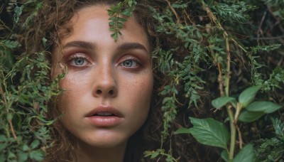 1girl,solo,long hair,looking at viewer,brown hair,green eyes,parted lips,teeth,blurry,lips,grey eyes,eyelashes,leaf,plant,portrait,close-up,freckles,realistic,nose,nature,vines,ivy