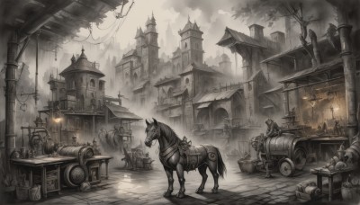 monochrome,outdoors,sky,cloud,tree,no humans,animal,ground vehicle,building,scenery,motor vehicle,lantern,fantasy,road,riding,house,lamppost,horse,statue,horseback riding,barrel,pavement,crate,reins,saddle,cart,hat,food,multiple boys,window,fruit,smoke,stairs,city,apple,clock,tower,wheel