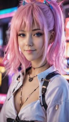 1girl,solo,long hair,breasts,looking at viewer,smile,bangs,blue eyes,shirt,hair ornament,cleavage,twintails,jewelry,medium breasts,closed mouth,white shirt,upper body,ponytail,pink hair,earrings,small breasts,open clothes,choker,collared shirt,medium hair,necklace,blurry,lips,eyelashes,makeup,depth of field,blurry background,realistic,nose,swimsuit,sidelocks,bikini,artist name,open shirt,freckles,unbuttoned,strap,unbuttoned shirt