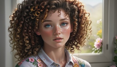 1girl,solo,long hair,looking at viewer,blush,blue eyes,brown hair,shirt,white shirt,flower,parted lips,collared shirt,indoors,dark skin,blurry,dark-skinned female,lips,eyelashes,window,depth of field,blurry background,wavy hair,floral print,messy hair,portrait,freckles,curly hair,realistic,nose,hair ornament,teeth,watermark,pink flower