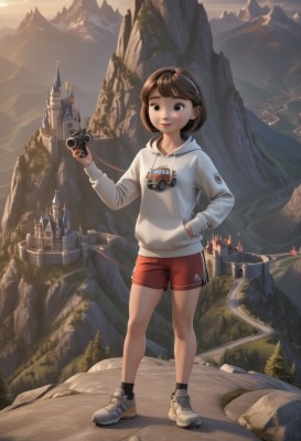 1girl,solo,looking at viewer,smile,short hair,bangs,brown hair,long sleeves,holding,brown eyes,standing,full body,hairband,outdoors,parted lips,sky,shoes,shorts,socks,hood,black eyes,short shorts,hoodie,white footwear,hood down,black socks,building,sneakers,scenery,hand in pocket,mountain,camera,drawstring,red shorts,white hoodie,castle,mountainous horizon,holding camera,landscape