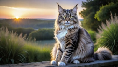 HQ,solo,looking at viewer,sitting,green eyes,outdoors,sky,signature,blurry,tree,no humans,animal,sunlight,cat,grass,plant,nature,scenery,sunset,mountain,realistic,sun,animal focus,full body,water,watermark,web address,forest,tiger,lake