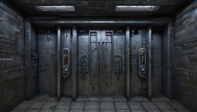 indoors,no humans,scenery,door,tiles,tile floor,locker,horror (theme),hallway,industrial pipe,window,science fiction,clock