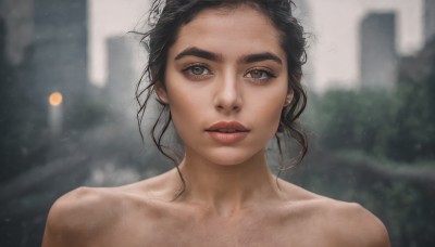 1girl,solo,looking at viewer,short hair,brown hair,black hair,bare shoulders,brown eyes,collarbone,nude,outdoors,parted lips,teeth,blurry,lips,depth of field,blurry background,building,messy hair,portrait,freckles,realistic,upper body,wet,eyelashes,thick eyebrows,wet hair