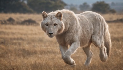 solo,looking at viewer,full body,outdoors,sky,day,blurry,black eyes,tree,no humans,depth of field,blurry background,animal,grass,running,dog,realistic,field,animal focus,closed mouth,signature