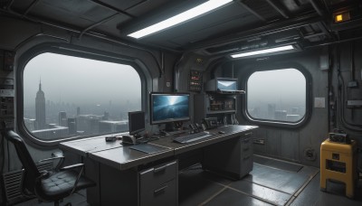 sky,indoors,no humans,window,chair,building,scenery,science fiction,city,cityscape,cable,computer,monitor,skyscraper,keyboard (computer),mouse (computer),cockpit,desk,screen