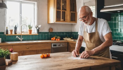 solo,shirt,1boy,closed mouth,white shirt,flower,short sleeves,male focus,food,glasses,day,indoors,apron,window,fruit,facial hair,knife,plant,t-shirt,beard,realistic,round eyewear,mustache,stubble,potted plant,bald,old,old man,cooking,orange (fruit),kitchen,arm hair,sink,faucet,cabinet,kitchen knife,cutting board,bottle,counter,wrinkled skin