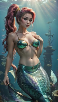 1girl,solo,long hair,breasts,looking at viewer,smile,navel,cleavage,bare shoulders,brown eyes,medium breasts,collarbone,swimsuit,ponytail,pink hair,bikini,red hair,parted lips,teeth,artist name,signature,water,stomach,armor,lips,watermark,sunlight,monster girl,bikini top only,web address,fish,bubble,toned,light rays,underwater,realistic,nose,scales,air bubble,green bikini,mermaid,sunbeam,shell,coral,seaweed,blue eyes,hair ornament,makeup,freckles,patreon username,aqua bikini