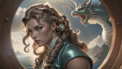 1girl,solo,long hair,looking at viewer,brown hair,hair ornament,red eyes,brown eyes,jewelry,upper body,braid,earrings,outdoors,parted lips,horns,sky,sleeveless,day,artist name,cloud,water,armor,from side,lips,ocean,cloudy sky,gem,freckles,curly hair,shield,mountain,nose,dragon,open mouth,teeth,shiny,blue sky,grey eyes,piercing,sunlight,portrait,realistic,fantasy,ringlets