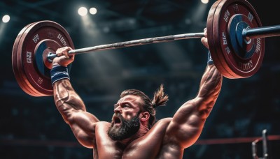 solo,open mouth,brown hair,1boy,ponytail,male focus,dark skin,arms up,muscular,facial hair,wristband,beard,short ponytail,topless male,realistic,mustache,manly,chest hair,exercise,gym,wrestling ring,weightlifting,black hair,upper body,blurry,blurry background,muscular male,biceps,stage lights