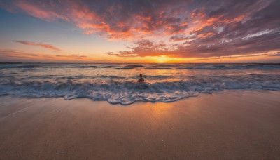 1girl, solo, long hair, outdoors, sky, cloud, water, dutch angle, ocean, beach, cloudy sky, scenery, sunset, sand, horizon, waves, shore