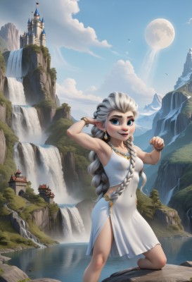 1girl,solo,long hair,breasts,looking at viewer,blush,smile,open mouth,blue eyes,dress,bare shoulders,jewelry,medium breasts,very long hair,standing,braid,grey hair,earrings,small breasts,outdoors,sky,barefoot,sleeveless,day,pointy ears,cloud,armpits,water,necklace,white dress,arm up,twin braids,bracelet,tree,blue sky,lips,single braid,covered navel,makeup,sleeveless dress,bird,moon,thick eyebrows,elf,building,full moon,side slit,wading,hoop earrings,mountain,sun,bangle,river,castle,tower,waterfall,cliff,white hair,multicolored hair,artist name,watermark,aged down,scenery,hair over shoulder,web address,patreon username,floating island