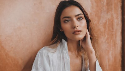 1girl,solo,long hair,looking at viewer,brown hair,shirt,black hair,brown eyes,jewelry,closed mouth,white shirt,upper body,open clothes,necklace,lips,open shirt,hand on own face,head rest,realistic,nose,earrings,parted lips,portrait