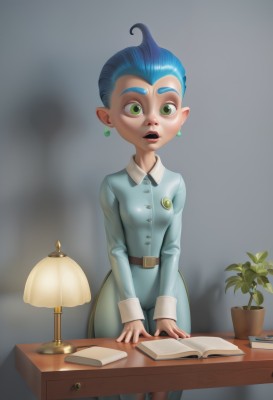 1girl,solo,breasts,looking at viewer,short hair,open mouth,long sleeves,jewelry,green eyes,blue hair,standing,ahoge,earrings,small breasts,teeth,pointy ears,belt,pants,indoors,book,makeup,buttons,upper teeth only,table,plant,lipstick,desk,pen,potted plant,lamp,1boy,male focus,cameltoe,aged down,spiked hair,tentacle hair,open book