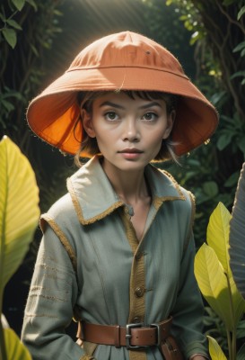 1girl,solo,looking at viewer,short hair,bangs,brown hair,shirt,black hair,long sleeves,hat,twintails,brown eyes,closed mouth,standing,upper body,outdoors,day,belt,medium hair,blurry,lips,depth of field,leaf,sunlight,plant,nature,buckle,forest,freckles,light rays,belt buckle,realistic,nose,straw hat,brown belt,watermark,web address