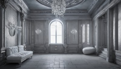 monochrome,greyscale,day,indoors,pillow,book,no humans,window,bed,chair,table,sunlight,curtains,scenery,couch,stairs,door,clock,candle,pillar,carpet,candlestand,chandelier,wooden floor,mirror,tiles,lamp,tile floor,floor,ceiling,rug,grey theme