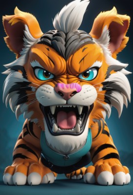 solo,looking at viewer,open mouth,blue eyes,brown eyes,standing,full body,shorts,teeth,tongue,no humans,animal,fangs,blue background,animal focus,whiskers,tiger,orange fur,artist name,watermark,web address,claws