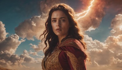 1girl,solo,long hair,looking at viewer,brown hair,black hair,dress,brown eyes,jewelry,upper body,outdoors,parted lips,sky,day,cloud,signature,necklace,lips,cloudy sky,curly hair,realistic,nose,fantasy,lightning,armor,from side,sunlight,scenery,backlighting