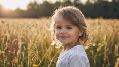 1girl,solo,looking at viewer,smile,short hair,blue eyes,blonde hair,brown hair,shirt,closed mouth,white shirt,upper body,outdoors,day,necklace,blurry,from side,lips,depth of field,blurry background,messy hair,child,freckles,realistic,female child,field,flower,sunlight,portrait,old woman,wheat