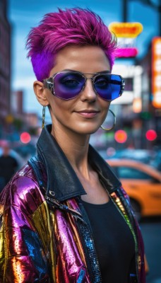 1girl,solo,looking at viewer,smile,short hair,shirt,jewelry,closed mouth,jacket,upper body,pink hair,purple hair,earrings,outdoors,open clothes,day,dark skin,blurry,open jacket,dark-skinned female,lips,black shirt,makeup,depth of field,blurry background,sunglasses,lipstick,ground vehicle,motor vehicle,zipper,hoop earrings,realistic,nose,car,very short hair,leather,undercut,tinted eyewear,leather jacket,mohawk,cyberpunk,aviator sunglasses,artist name,unzipped