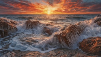 outdoors,sky,cloud,water,no humans,ocean,beach,sunlight,cloudy sky,scenery,sunset,rock,mountain,sun,horizon,waves,landscape,shore,orange sky,cliff,snow,ice,sand