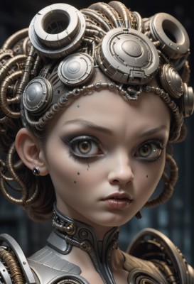 1girl,solo,looking at viewer,short hair,brown hair,brown eyes,jewelry,closed mouth,yellow eyes,earrings,parted lips,artist name,mole,blurry,lips,eyelashes,makeup,blurry background,headgear,goggles,portrait,freckles,science fiction,curly hair,realistic,nose,cyborg,gears,cyberpunk,steampunk,facial mark,close-up,eyeshadow,goggles on head,mascara