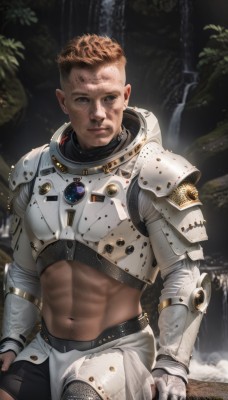 solo,looking at viewer,short hair,blue eyes,blonde hair,brown hair,1boy,navel,sitting,closed mouth,male focus,shorts,midriff,water,stomach,armor,blurry,muscular,blurry background,scar,abs,muscular male,shoulder armor,gauntlets,freckles,toned,pauldrons,breastplate,realistic,very short hair,dirty,navel hair,waterfall,dirty face,chainmail,smile,gloves,pubic hair,bara,undercut,helmet removed,spacesuit