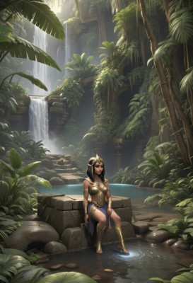 1girl,solo,long hair,breasts,brown hair,black hair,bare shoulders,jewelry,medium breasts,sitting,boots,outdoors,dark skin,water,necklace,armor,bracelet,dark-skinned female,tree,lips,leaf,knee boots,plant,nature,scenery,armlet,forest,rock,bracer,soaking feet,waterfall,egyptian,moss,hair ornament,barefoot,pointy ears,sandals,tiara,elf,realistic,fantasy,river