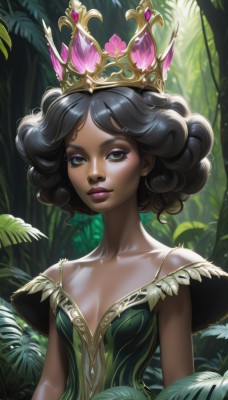 1girl,solo,breasts,looking at viewer,smile,short hair,black hair,dress,cleavage,bare shoulders,jewelry,closed mouth,green eyes,collarbone,upper body,earrings,small breasts,outdoors,shiny,artist name,signature,dark skin,black eyes,dark-skinned female,lips,eyelashes,makeup,leaf,watermark,tiara,crown,plant,lipstick,nature,web address,eyeshadow,forest,curly hair,green dress,nose,mascara,bangs,brown eyes,flower,day,off shoulder,shiny hair,parted bangs,sunlight,gem,pink lips,arms at sides,stud earrings