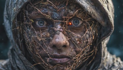 1girl,solo,looking at viewer,blue eyes,red eyes,1boy,closed mouth,male focus,parted lips,hood,blurry,lips,depth of field,blurry background,portrait,close-up,hood up,reflection,realistic,glass,crack,broken glass,eye focus,shards,cracked skin