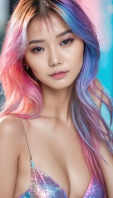 1girl,solo,long hair,breasts,looking at viewer,smile,brown hair,black hair,cleavage,bare shoulders,jewelry,medium breasts,closed mouth,blue hair,collarbone,swimsuit,upper body,pink hair,bikini,multicolored hair,earrings,artist name,blurry,black eyes,two-tone hair,lips,eyelashes,gradient hair,makeup,blurry background,watermark,eyeshadow,hand in own hair,realistic,nose,mascara,brown eyes,bra,web address