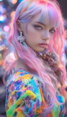 1girl,solo,long hair,looking at viewer,bangs,jewelry,closed mouth,upper body,pink hair,multicolored hair,earrings,pink eyes,blurry,from side,lips,eyelashes,makeup,depth of field,blurry background,multicolored clothes,eyeshadow,realistic,nose,brown eyes,white hair,blunt bangs,piercing,lipstick,ear piercing,cigarette,colorful