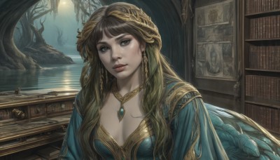 1girl,solo,long hair,breasts,looking at viewer,bangs,brown hair,hair ornament,dress,cleavage,brown eyes,jewelry,medium breasts,closed mouth,upper body,earrings,indoors,water,necklace,tree,lips,book,blue dress,gem,pendant,green dress,realistic,nose,bookshelf,large breasts