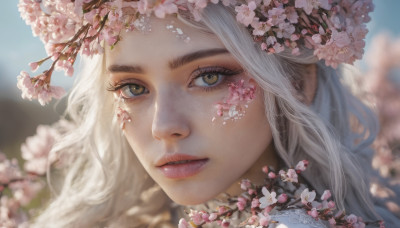 1girl, solo, long hair, looking at viewer, brown eyes, yellow eyes, flower, white hair, outdoors, parted lips, teeth, day, blurry, lips, eyelashes, depth of field, blurry background, wavy hair, cherry blossoms, portrait, close-up, pink flower, realistic, nose, branch